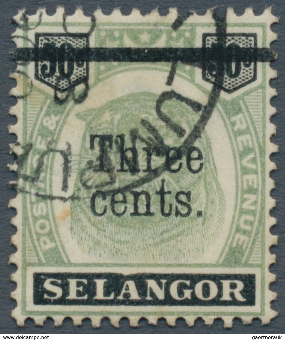 07058 Malaiische Staaten - Selangor: 1900, Tiger Head 3c. On 50c. Green And Black With Variety 'DENTED FRA - Selangor