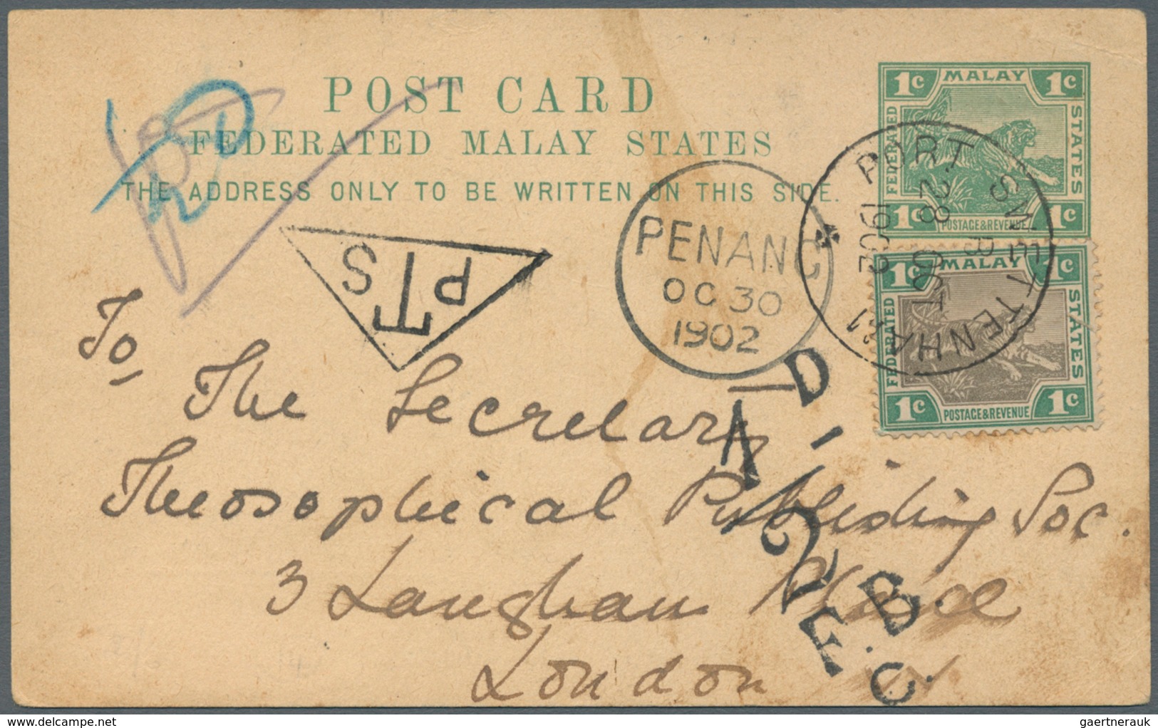 07060 Malaiische Staaten - Selangor: 1902 PORT SWETTENHAM: Postage Due Triangle Handstamp "PTS" (Proud UP2 - Selangor