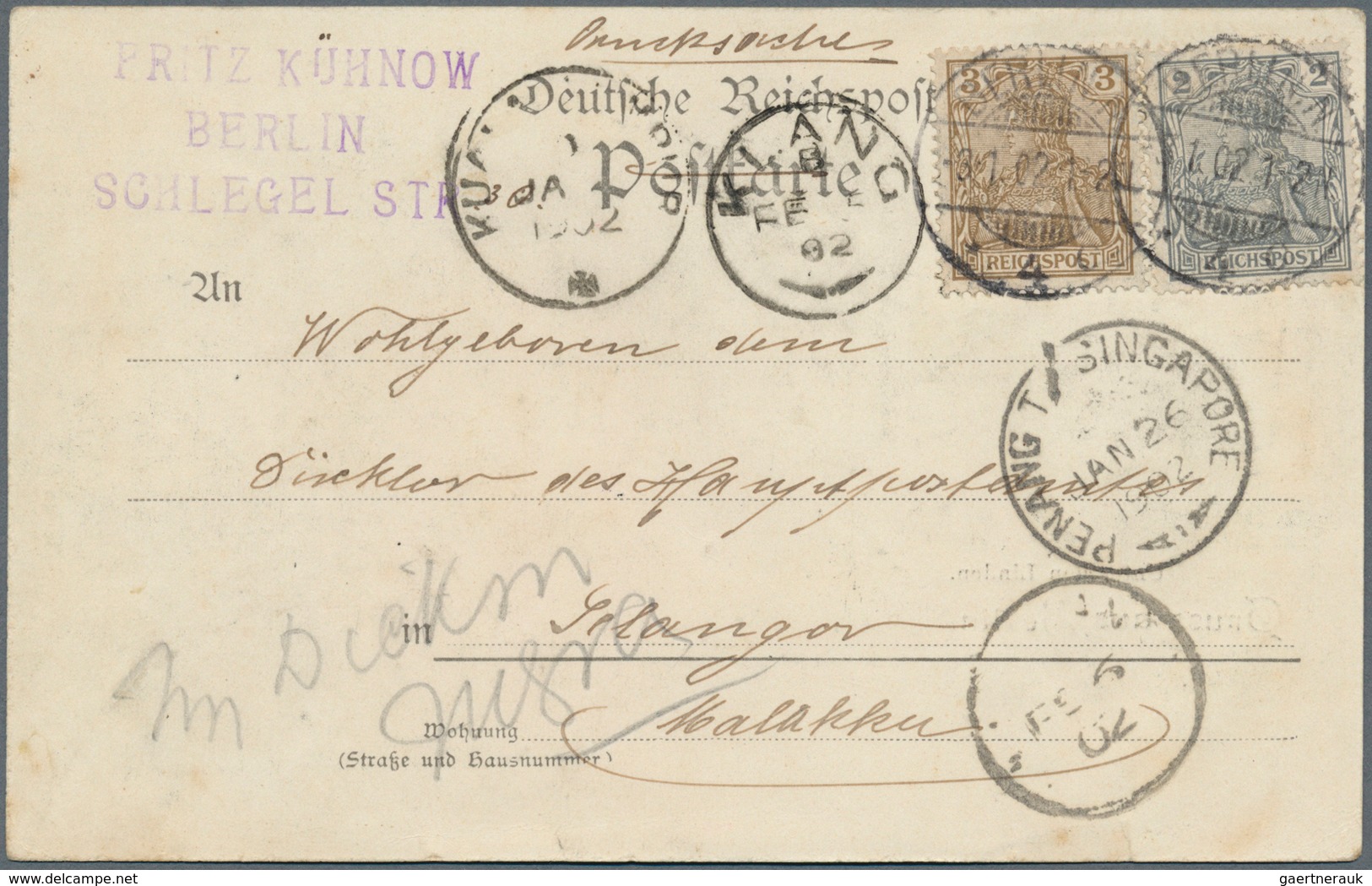 07061 Malaiische Staaten - Selangor: 1902, Incoming Ppc From Berlin/Germany 3.1.02, Four Different Malayan - Selangor