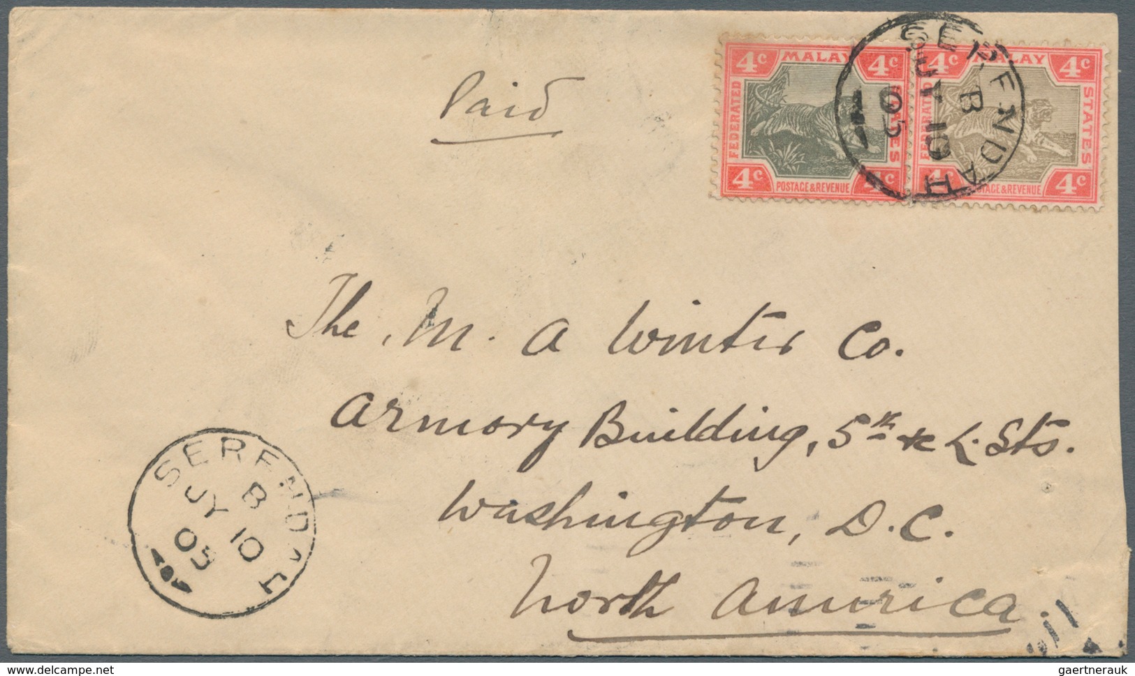 07065 Malaiische Staaten - Selangor: 1905 SERENDAH: Cover To Washington D.C., U.S.A. Via Port Swettenham A - Selangor