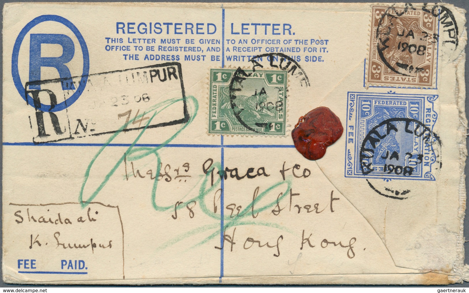 07069 Malaiische Staaten - Selangor: 1908, 1c. Green And 3c. Brown Uprating A Registered Stationery Envelo - Selangor