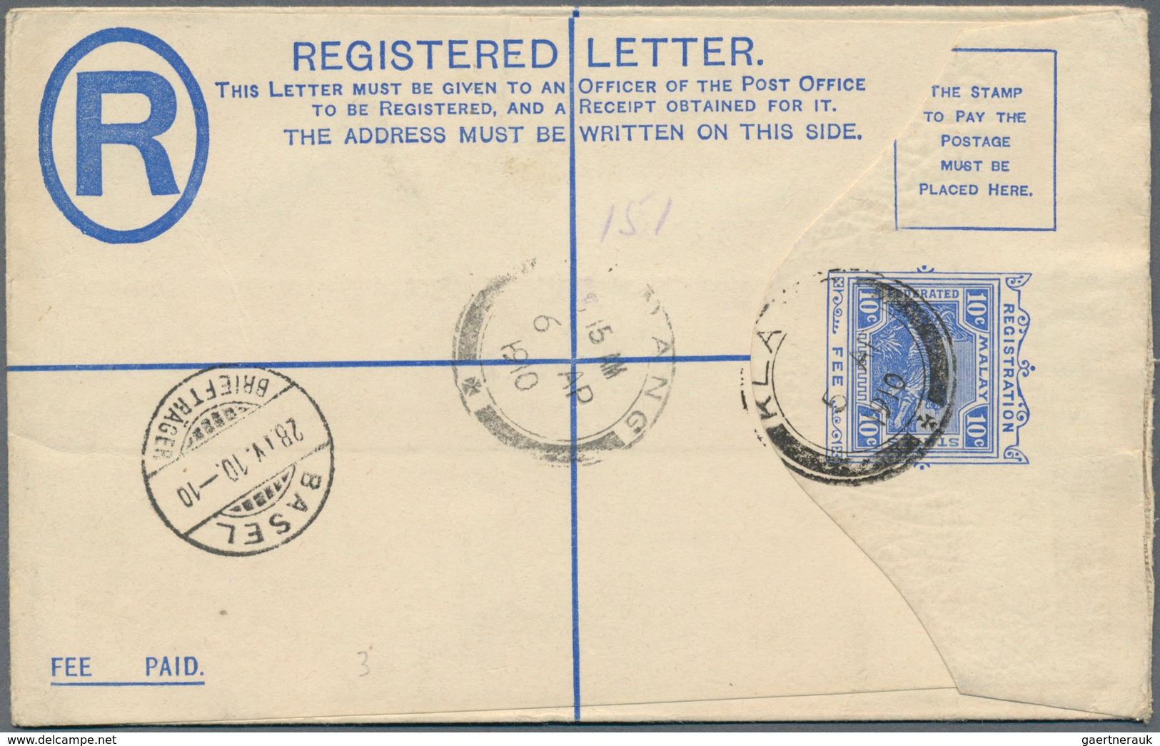 07073 Malaiische Staaten - Selangor: 1910, KLANG: Federated Malay States Registered Letter 10c. Blue Tiger - Selangor