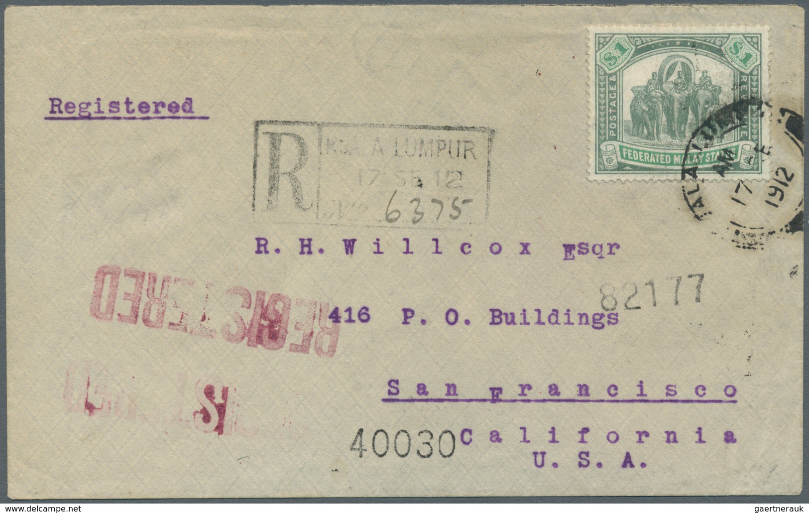 07075 Malaiische Staaten - Selangor: 1912 Registered Cover From Kuala Lumpur To San Francisco, USA Franked - Selangor