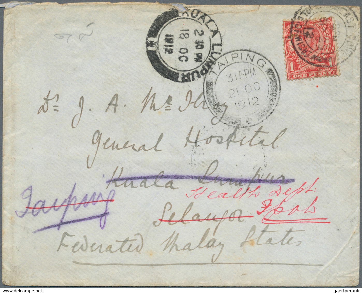 07076 Malaiische Staaten - Selangor: 1912, TRAVELLING POST OFFICE: Incoming Cover From The Isle Of Wight/E - Selangor