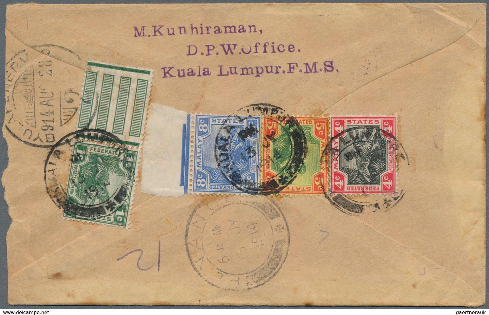 07077 Malaiische Staaten - Selangor: 1914 (13.7.), Registered Cover Franked On Reverse With FMS Tiger 8c. - Selangor