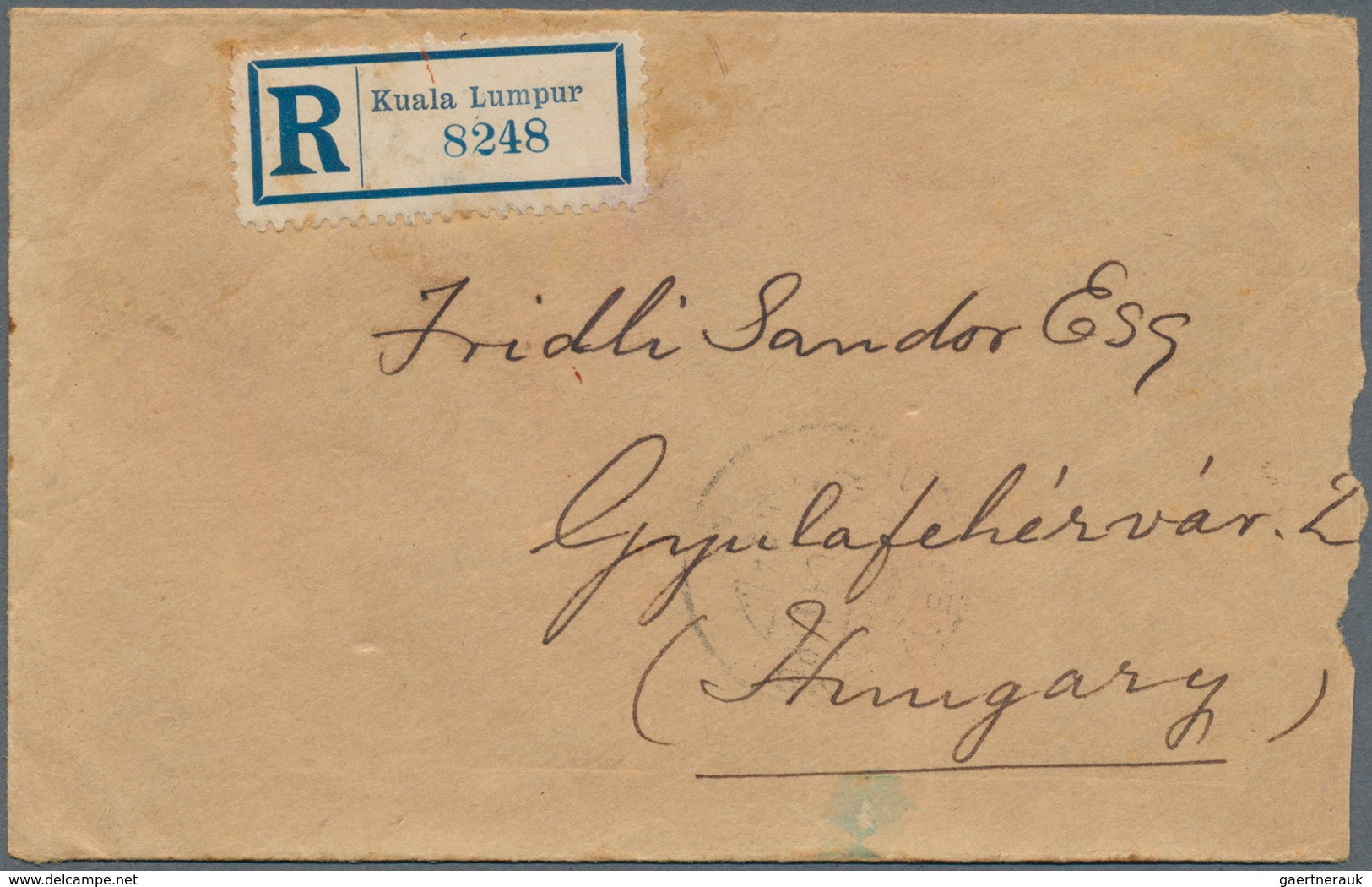 07077 Malaiische Staaten - Selangor: 1914 (13.7.), Registered Cover Franked On Reverse With FMS Tiger 8c. - Selangor