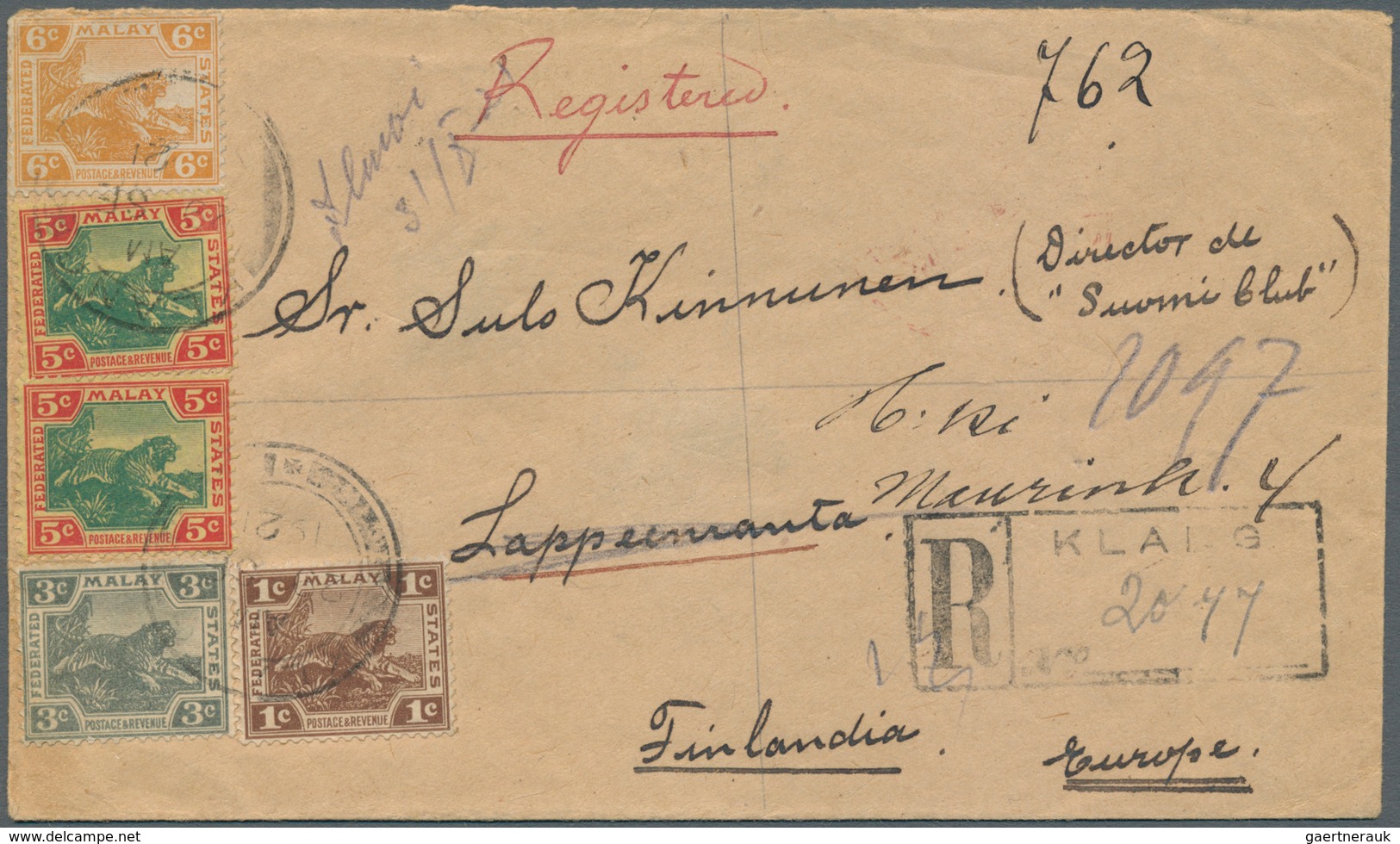 07099 Malaiische Staaten - Selangor: 1921 Destination FINLAND, Registered Cover From Klang To Lappeenranta - Selangor