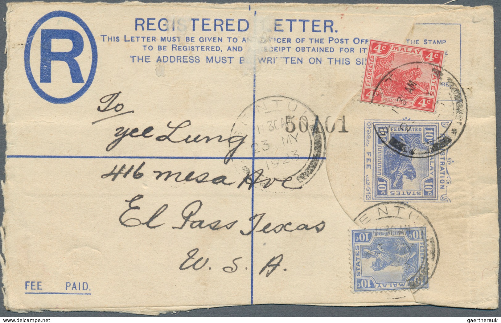 07103 Malaiische Staaten - Selangor: 1923, Federated Malay States: Cover Front Of 10 C Ultramarine Registe - Selangor