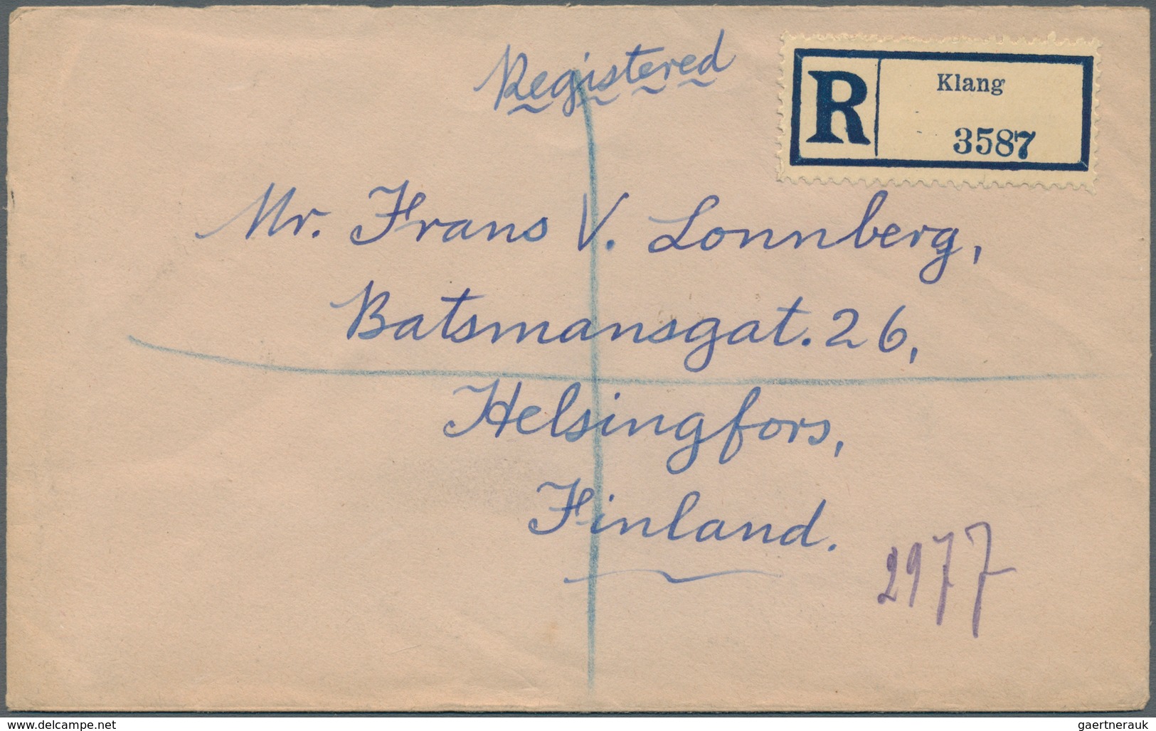 07109 Malaiische Staaten - Selangor: 1924 Destinatin FINLAND, Registered Cover From Klang To Helsingfors, - Selangor