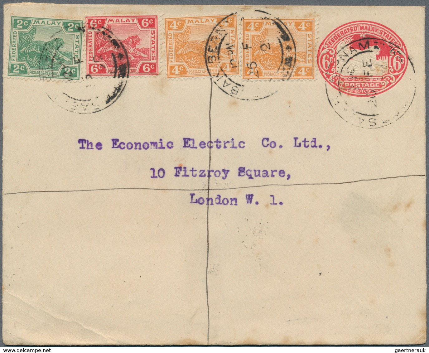 07131 Malaiische Staaten - Selangor: 1929, SARAK BERNAM: Federated Malay States Stat. Envelope 'Tiger In O - Selangor