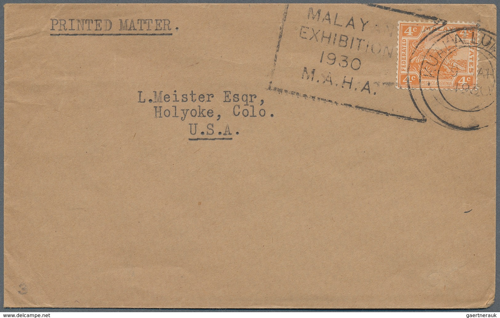 07136 Malaiische Staaten - Selangor: 1930 (9.4.), Printed Matter Bearing Single 4c. Orange Tiger Stamp Use - Selangor