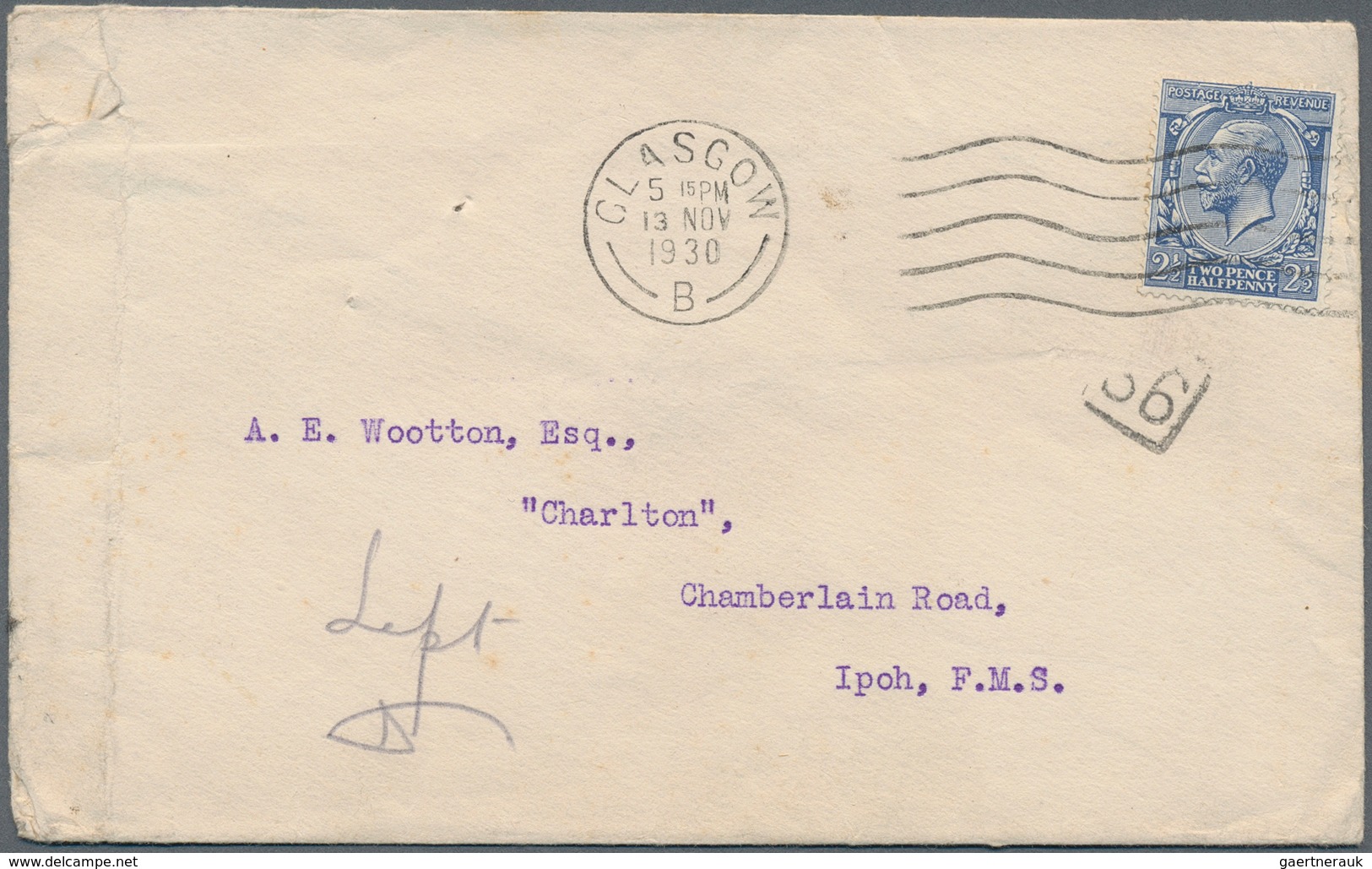 07140 Malaiische Staaten - Selangor: 1930 (13.11.), INCOMING Cover From Glasgow With KGV 2½d. Stamp Addres - Selangor