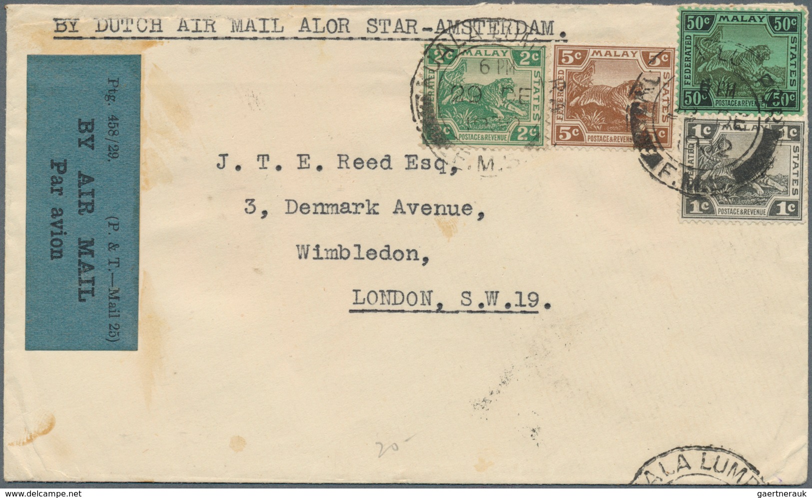 07147 Malaiische Staaten - Selangor: 1932 (29.12.), Airmail Cover Endorsed 'By Dutch Air Mail Alor Star-Am - Selangor