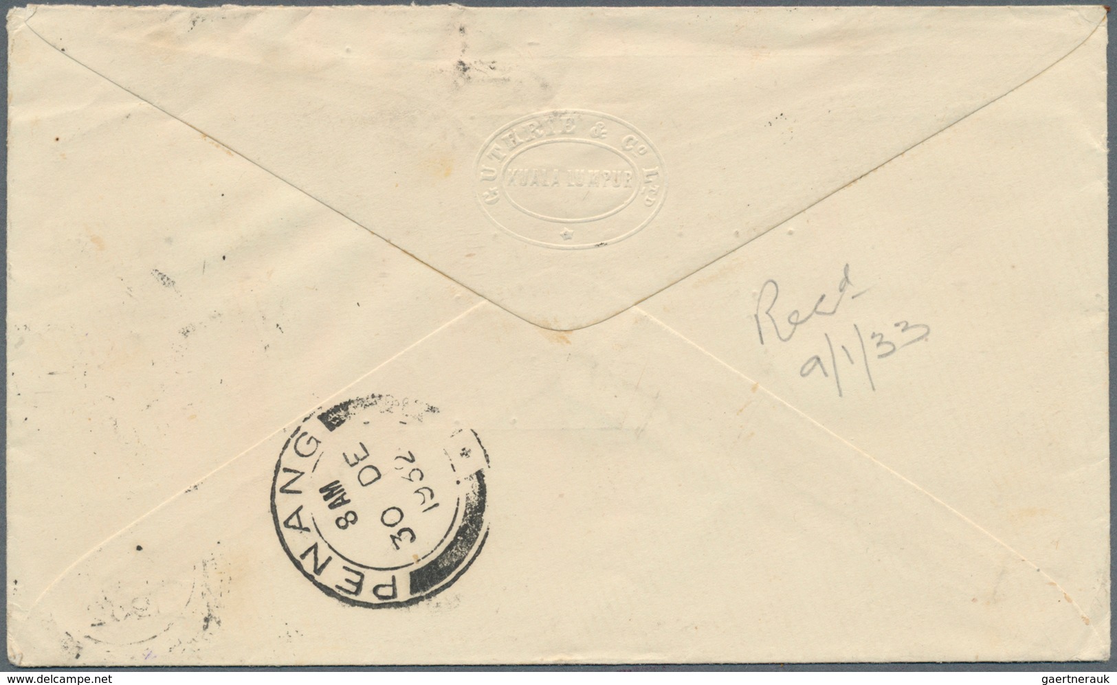 07147 Malaiische Staaten - Selangor: 1932 (29.12.), Airmail Cover Endorsed 'By Dutch Air Mail Alor Star-Am - Selangor