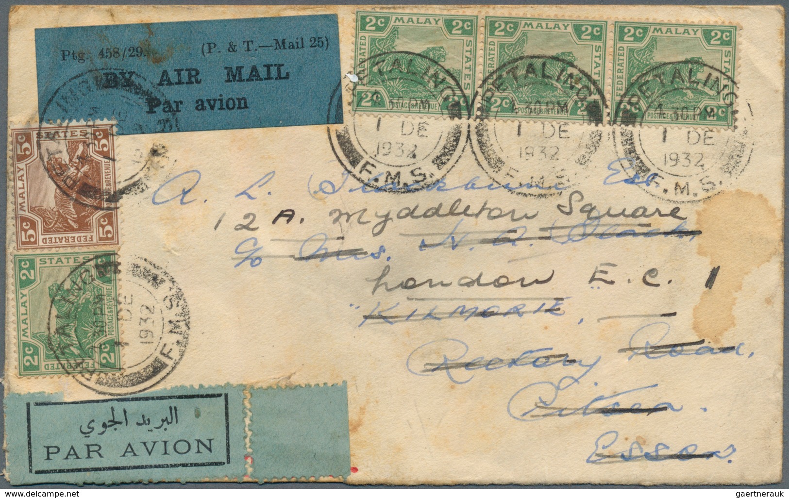 07149 Malaiische Staaten - Selangor: 1932 (1.12.), Airmail Cover Bearing Seven FMS Tiger Stamps On Both Si - Selangor