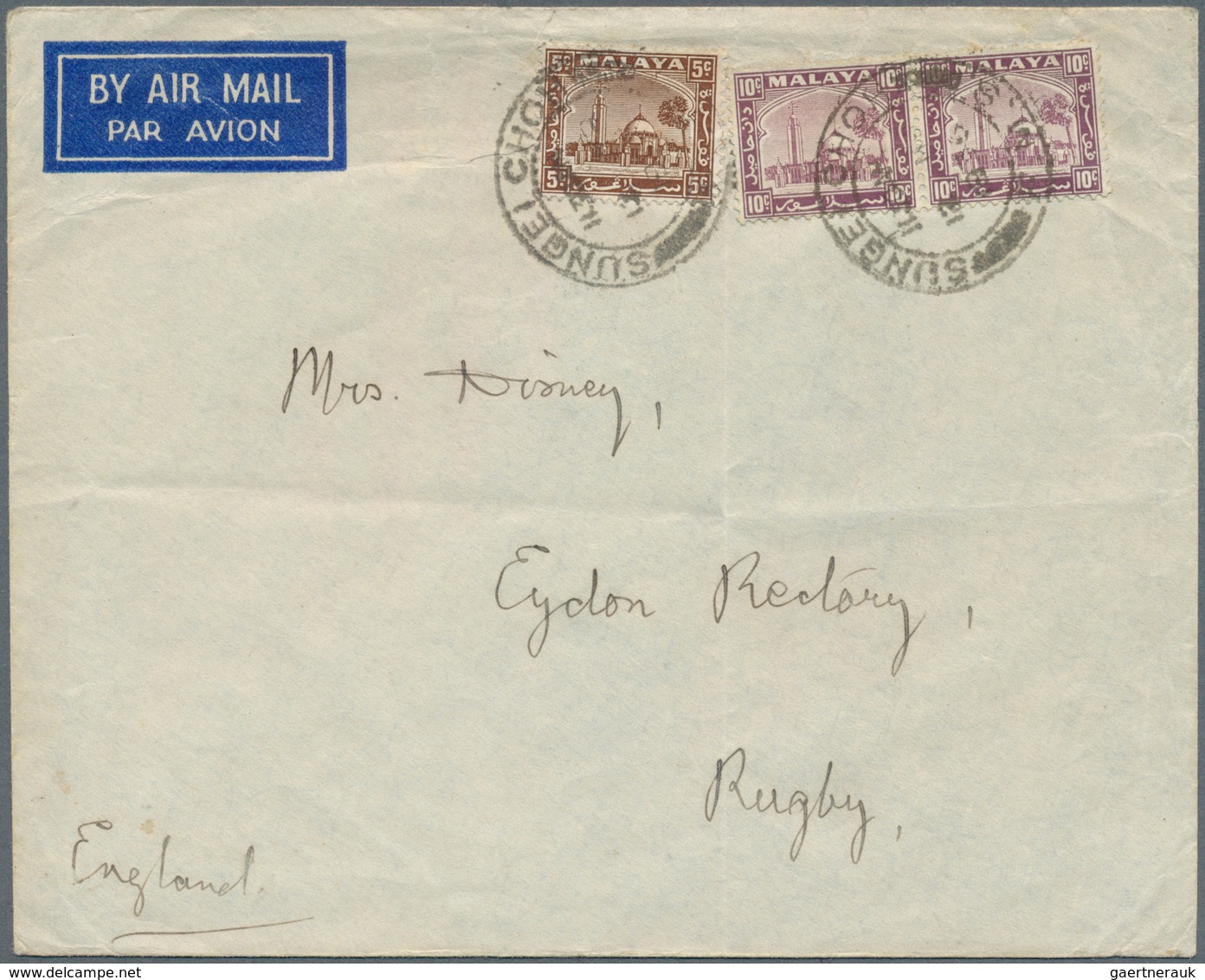 07155 Malaiische Staaten - Selangor: 1932, 5 C Brown And 2 X 10 C Purple "mosque", Mixed Franking On Airma - Selangor