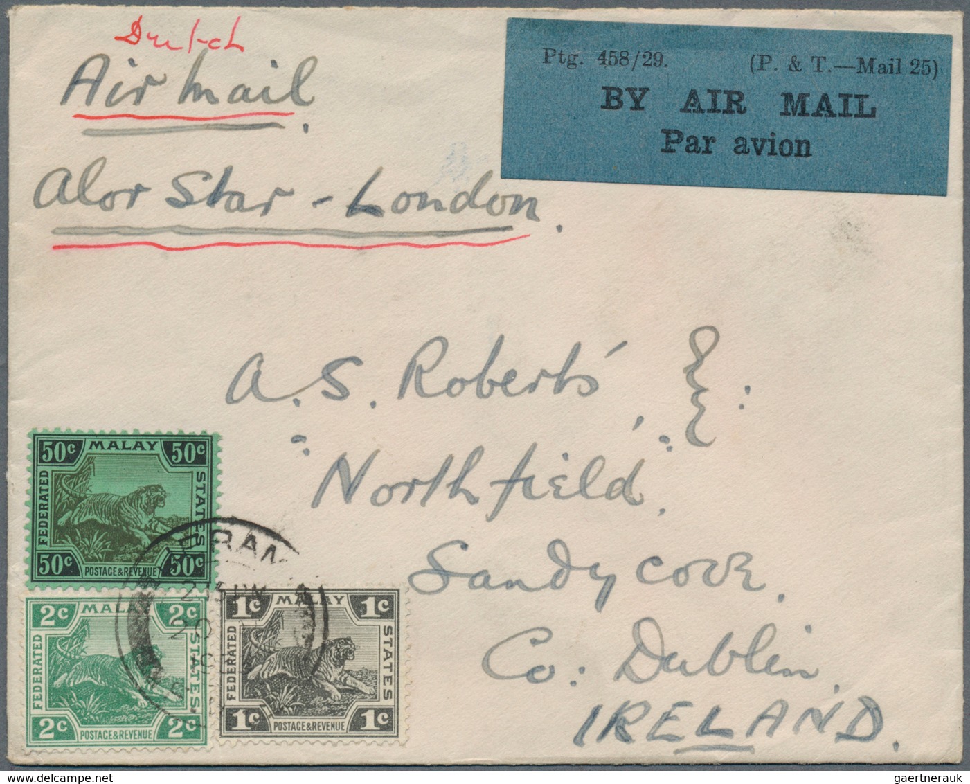07160 Malaiische Staaten - Selangor: 1933 (20.4.), Airmail Cover Endorsed 'Dutch Air Mail Alor Star-London - Selangor