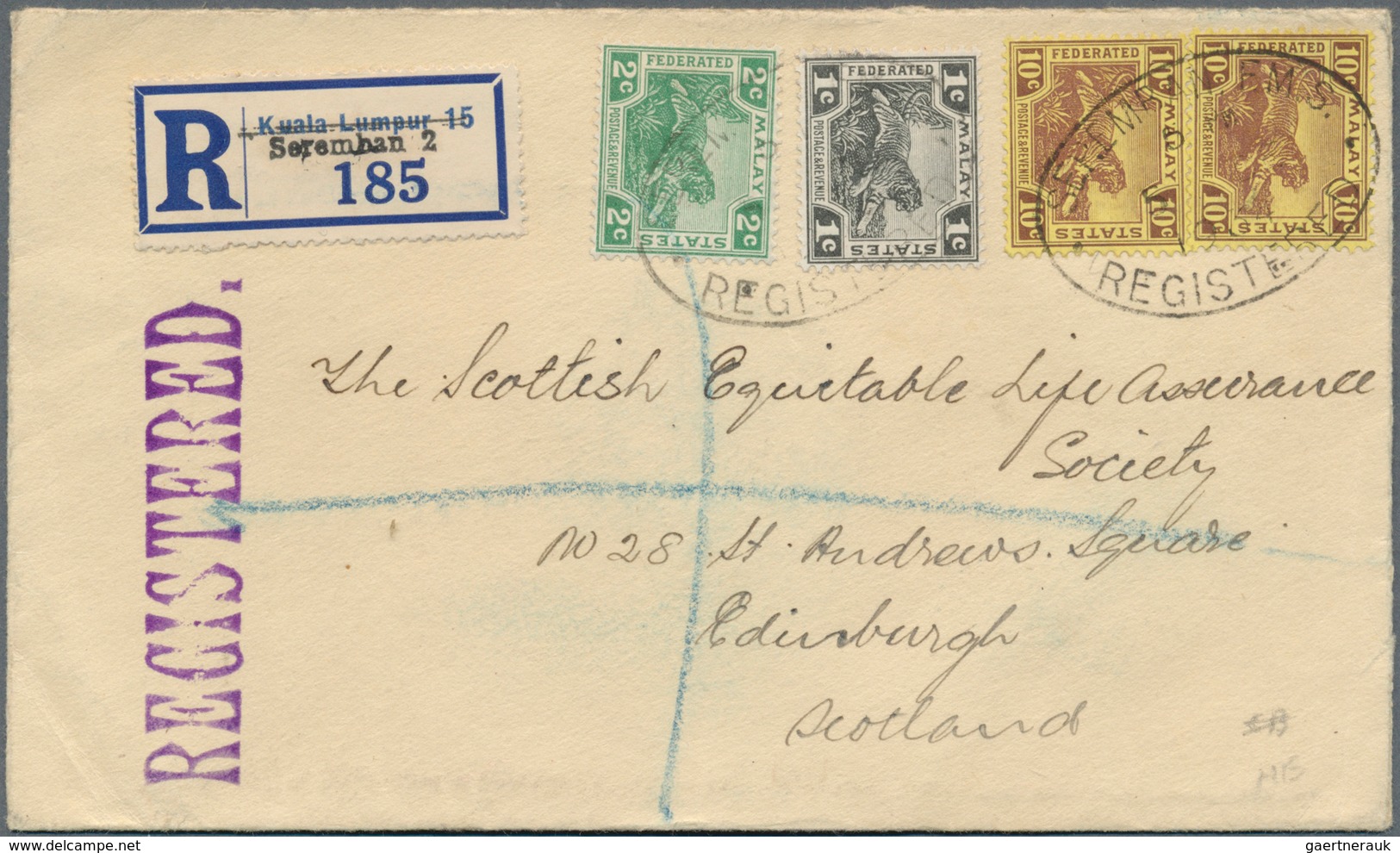 07186 Malaiische Staaten - Selangor: 1934, Registered Letter Addressed To Edinburgh With 1c,2c,10c (2) FMS - Selangor