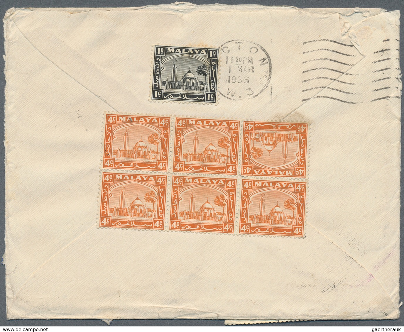 07210 Malaiische Staaten - Selangor: 1936, BANTING: Mosque 1c. Black And 6 X 4c. Orange (one Stamp With Fa - Selangor