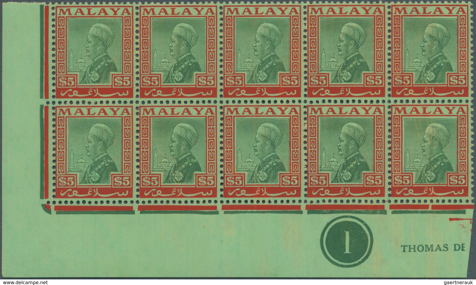 07223 Malaiische Staaten - Selangor: 1936, Sultan Suleiman $5 Green/red On Emerald Block Of Ten From Lower - Selangor