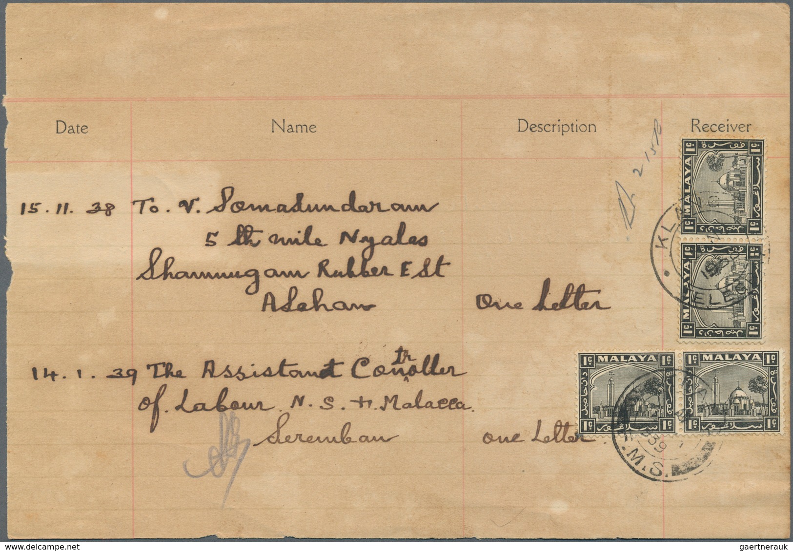 07247 Malaiische Staaten - Selangor: 1938, 1 C Black Mosque, 6 Stamps On Private Certificate Of Posting 3 - Selangor