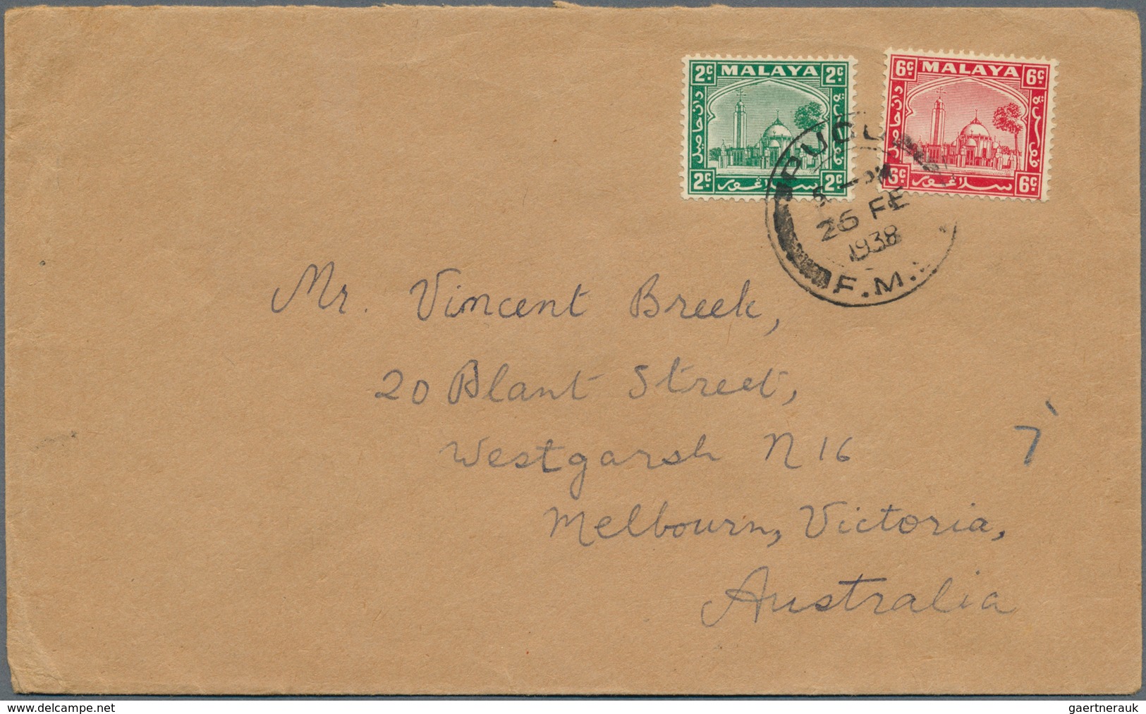 07250 Malaiische Staaten - Selangor: 1938, PUDU: Mosque 6c. Scarlet And 2c. Green Used On Cover With Fine - Selangor