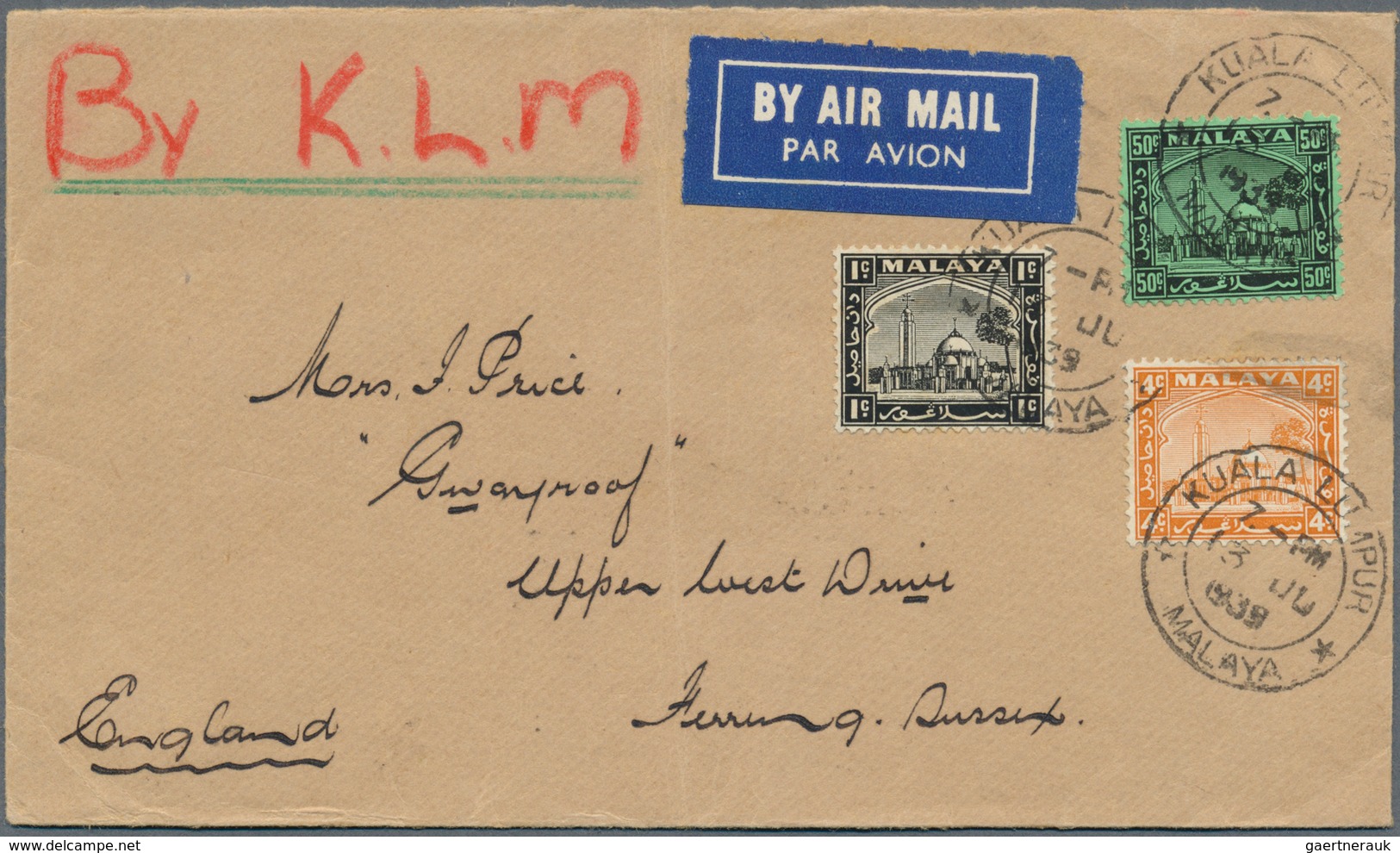 07263 Malaiische Staaten - Selangor: 1939 (13.6.), Airmail Cover Endorsed 'By K.L.M.' Bearing Mosque 50c. - Selangor