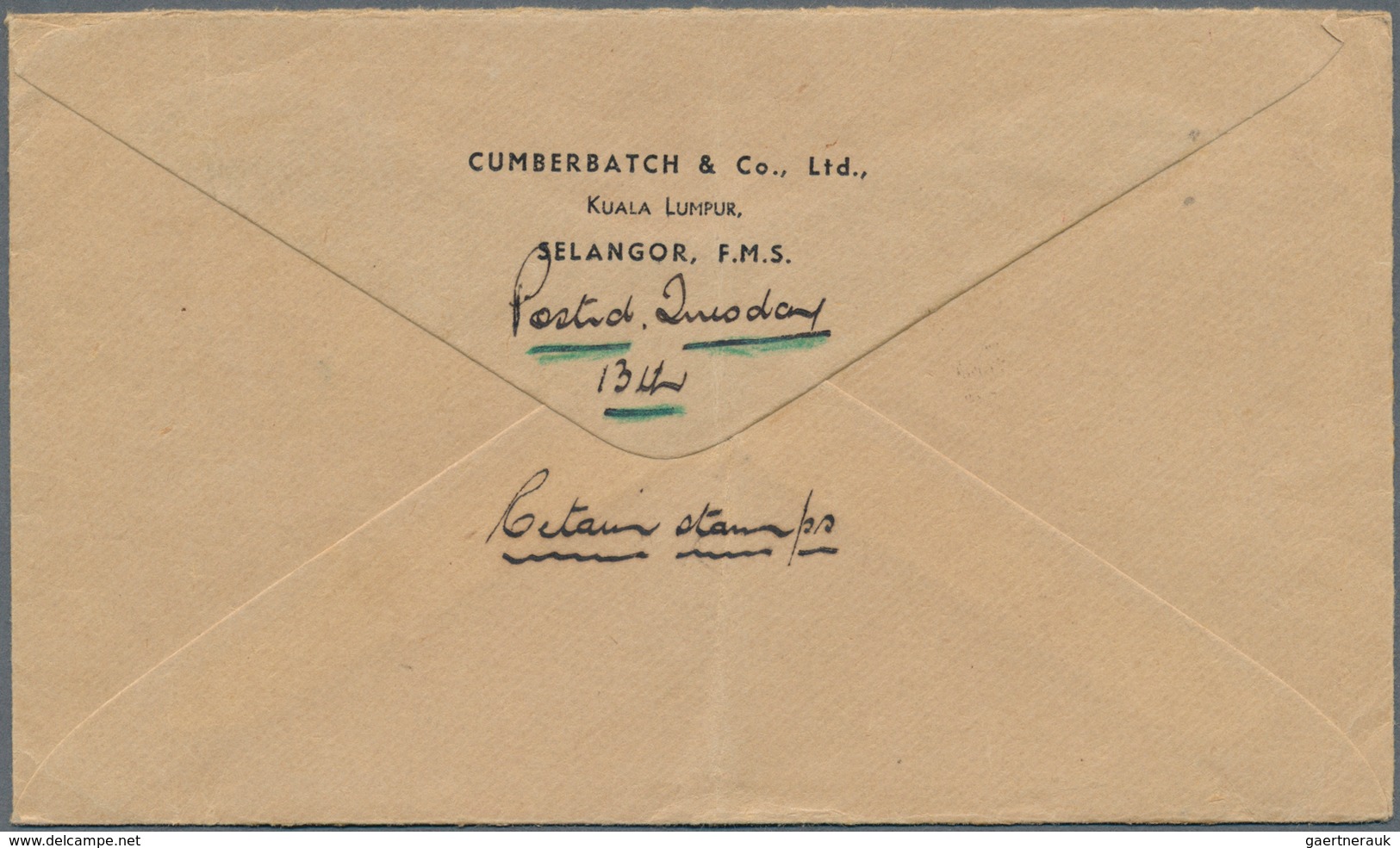 07263 Malaiische Staaten - Selangor: 1939 (13.6.), Airmail Cover Endorsed 'By K.L.M.' Bearing Mosque 50c. - Selangor