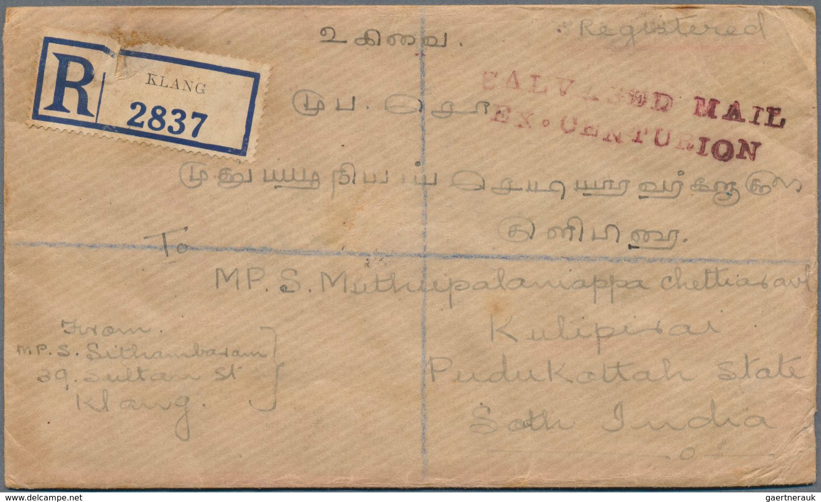 07273 Malaiische Staaten - Selangor: 1939, Crash Mail CENTURION, Registered Cover From Klang, 10.JUN 39, A - Selangor