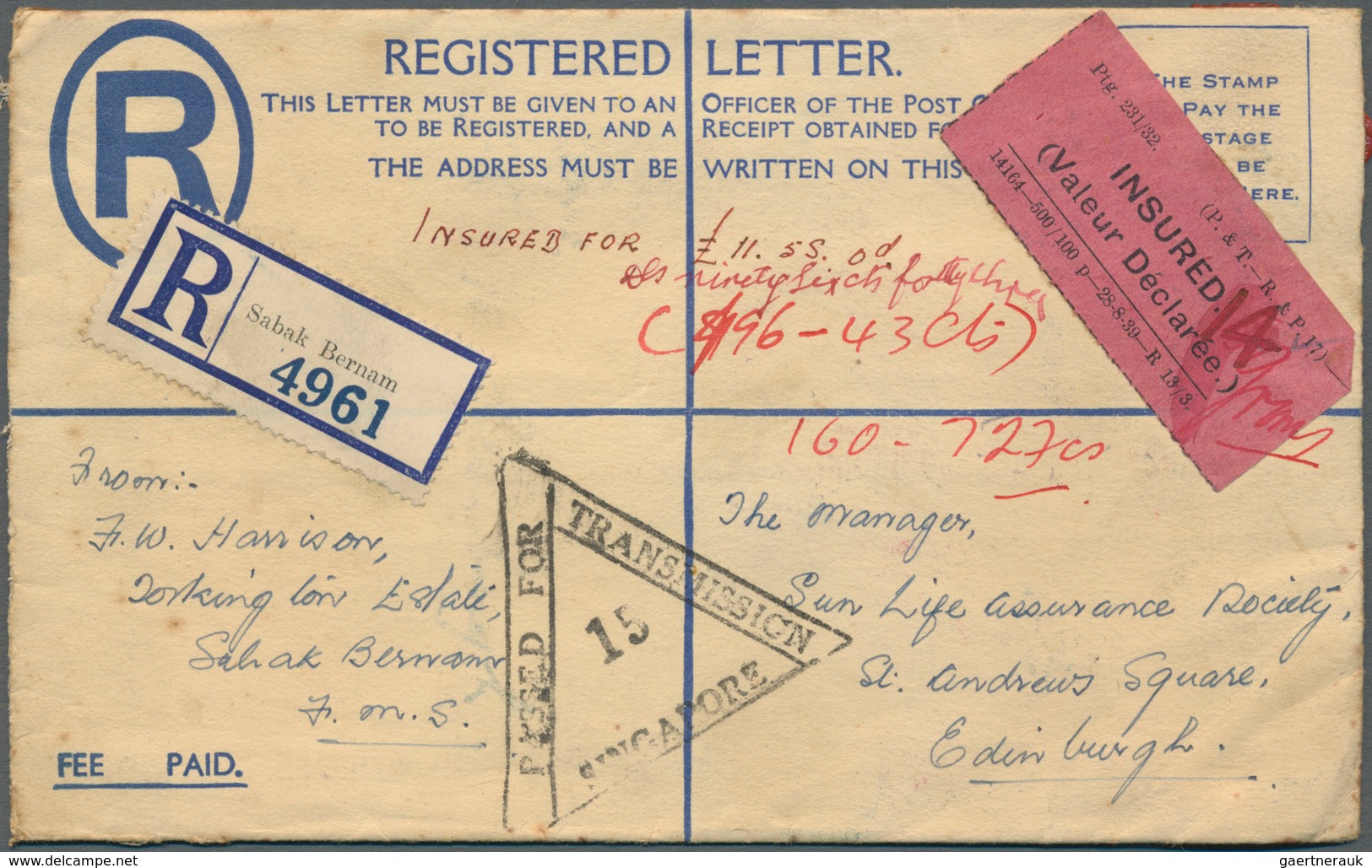 07276 Malaiische Staaten - Selangor: 1940 SABAK BERNAM: Postal Stationery Registered Envelope 15c. Blue (1 - Selangor