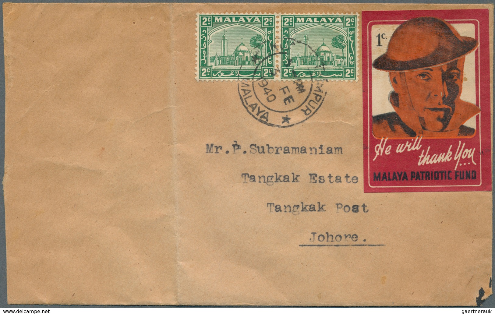 07277 Malaiische Staaten - Selangor: 1940 'Malaya Patriotic Fund' Vignette On Cover From Kuala Lumpur To J - Selangor