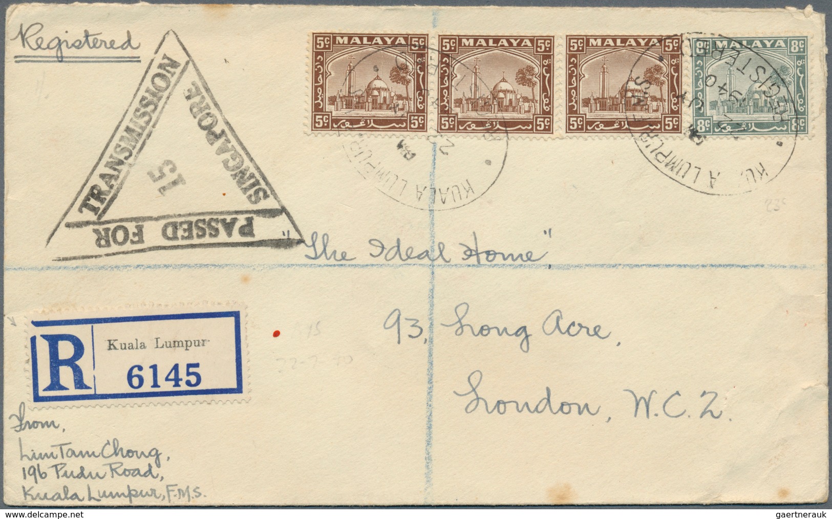 07283 Malaiische Staaten - Selangor: 1940 (22.7.), Mosque 8c. Grey And 5c. Brown (3) Used On Registered Co - Selangor