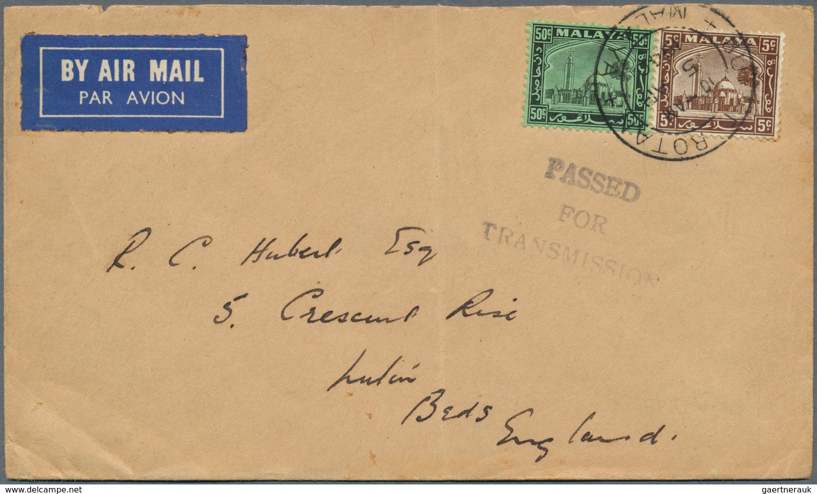 07285 Malaiische Staaten - Selangor: 1940 (5.4.), Airmail Cover Bearing Mosque 50c. Black On Emerald And 5 - Selangor