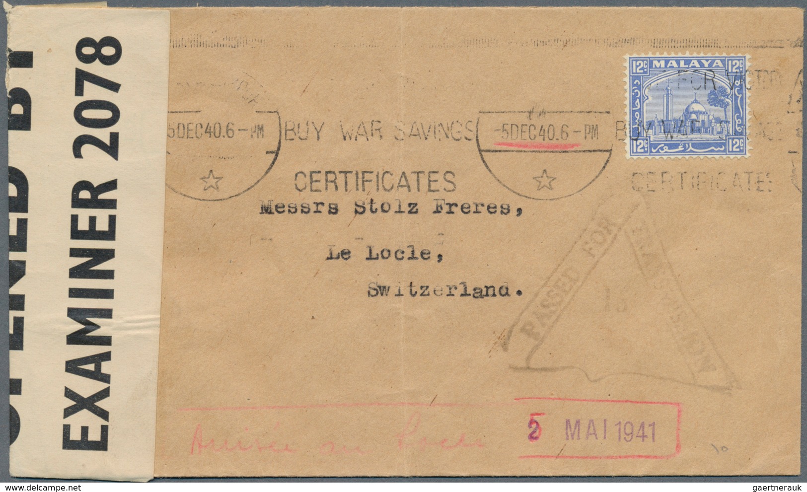 07293 Malaiische Staaten - Selangor: 1940 (5.12.), Mosque 12c. Ultramarine Single Use On Cover From Kuala - Selangor