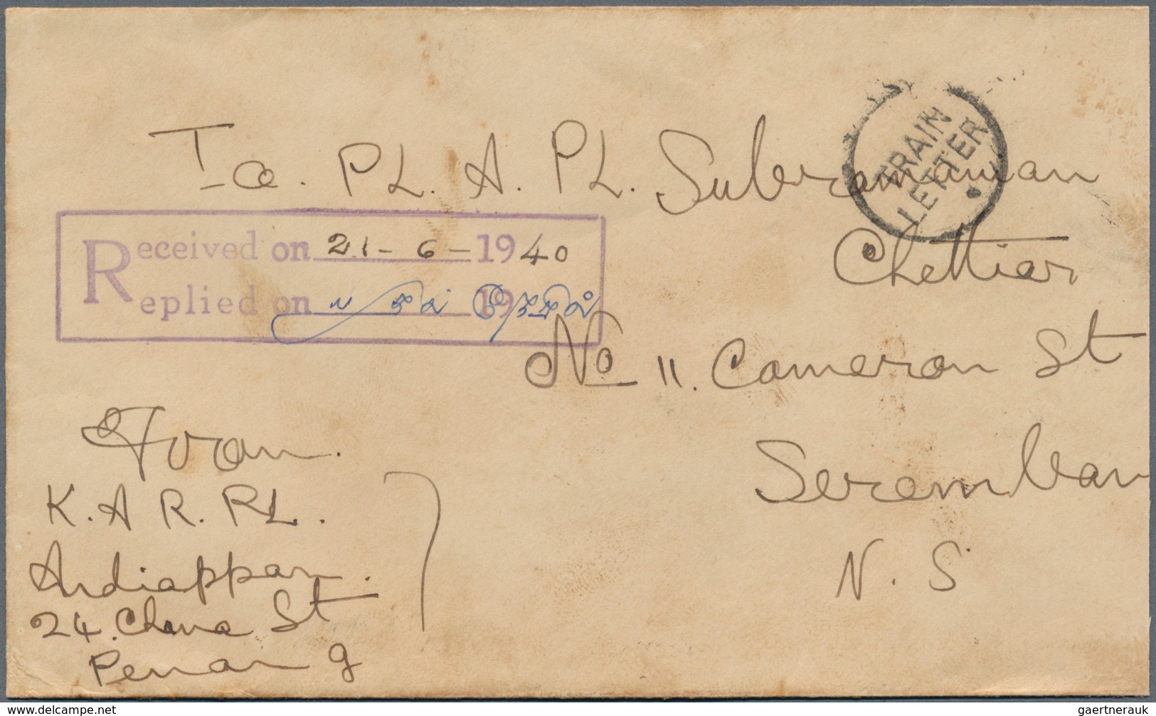 07298 Malaiische Staaten - Selangor: 1940 (21.7.), TRAIN LETTER: Straits Settlements KGVI 5c. Brown, 2c. G - Selangor