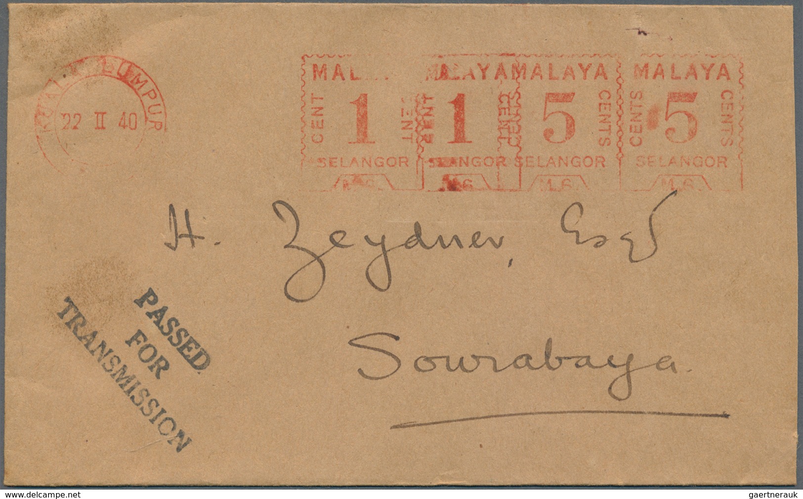 07299 Malaiische Staaten - Selangor: 1940, Commercial Cover From Russell & Co. With Meter 1C+1C+5C+5C From - Selangor