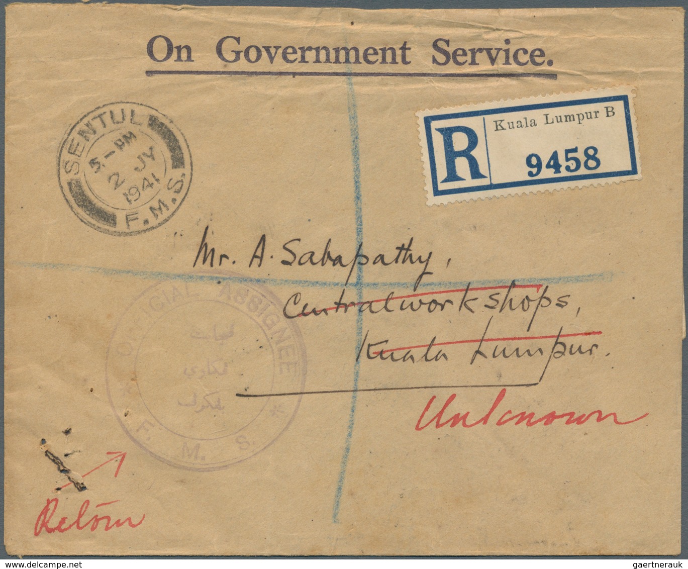 07300 Malaiische Staaten - Selangor: 1941 Official Registered Cover Used Locally Kuala Lumpur By The Offic - Selangor