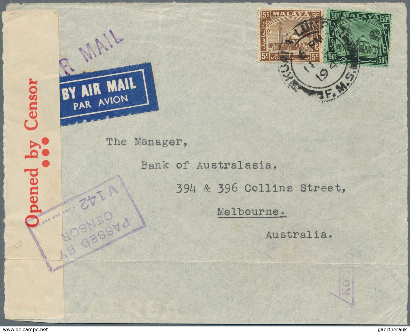 07310 Malaiische Staaten - Selangor: 1941 (11.2.), Airmail Cover (front Only!) Bearing Mosque 50c. Black O - Selangor