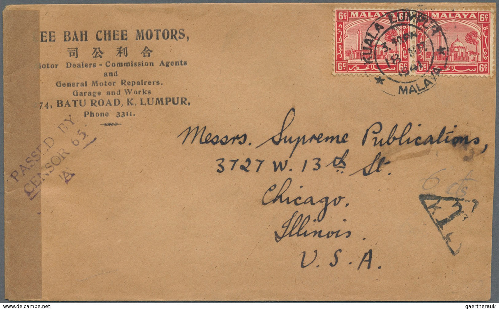 07311 Malaiische Staaten - Selangor: 1941, 6 C Scarlet, Horizontal Pair On Insufficiently Franked Censor C - Selangor