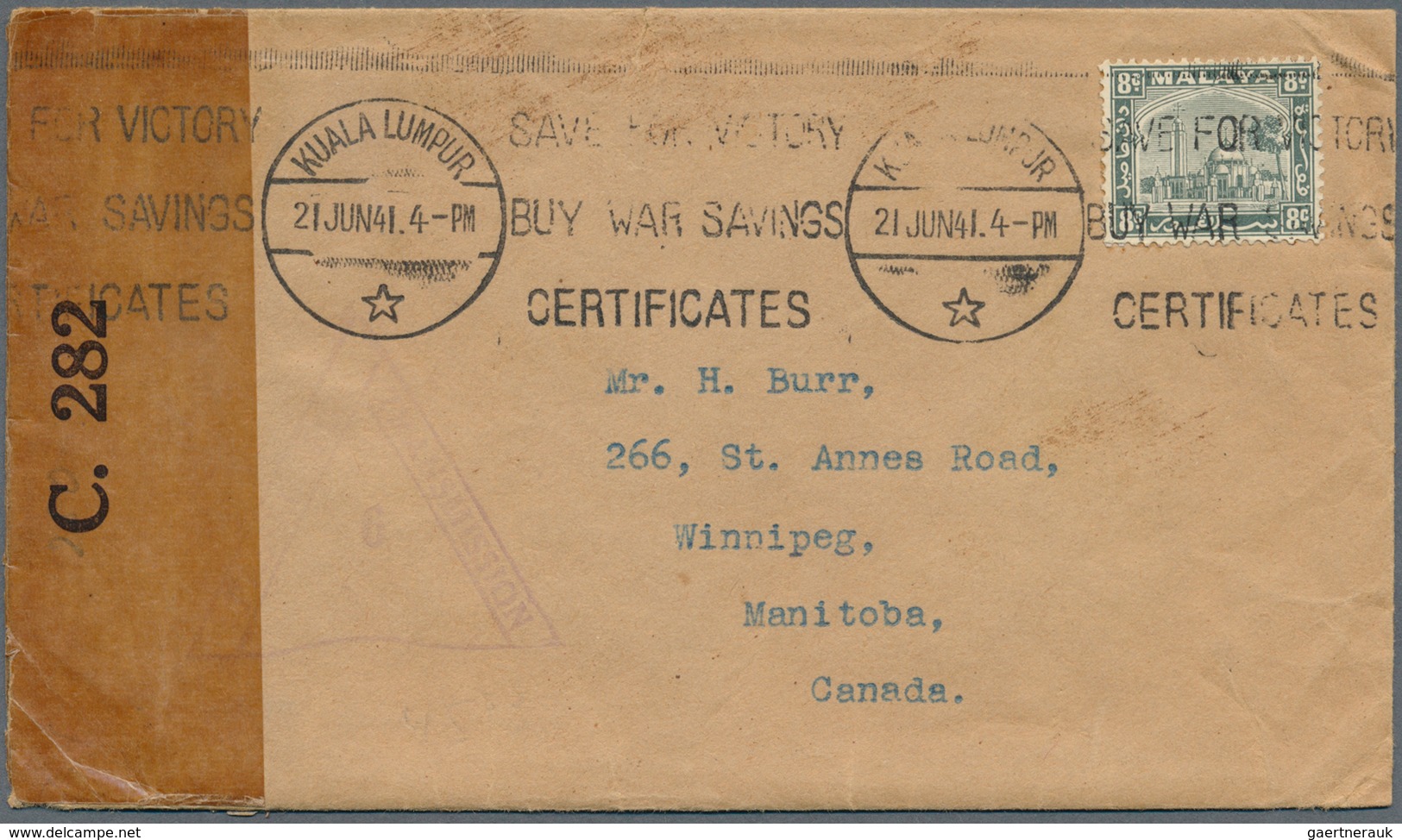 07312 Malaiische Staaten - Selangor: 1941 (21.6.), Mosque 8c. Grey Single Use On Cover From Kuala Lumpur T - Selangor