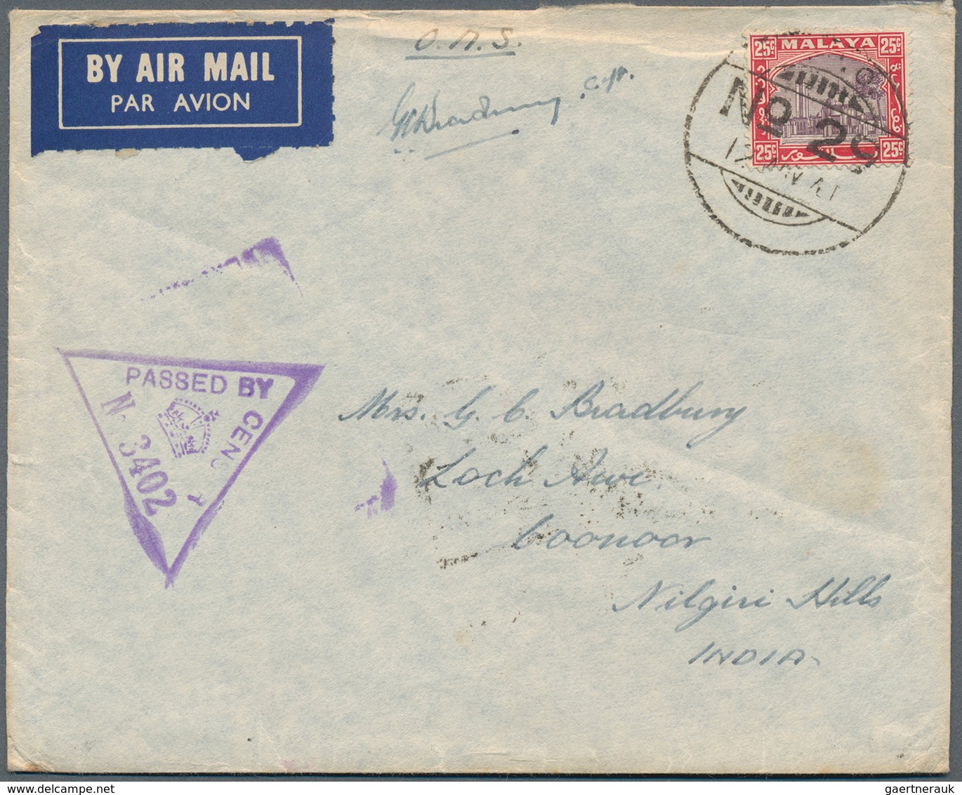 07318 Malaiische Staaten - Selangor: 1941, FORCES MAIL: Mosque 25c. Purple/scarlet Single Use On Airmail C - Selangor