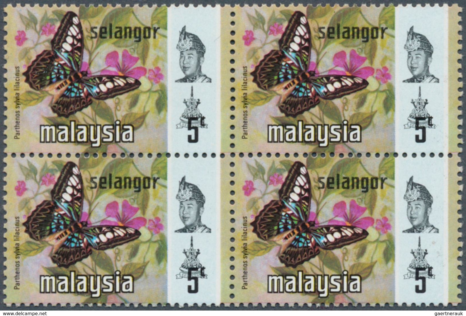 07393 Malaiische Staaten - Selangor: 1971, 5c. Clipper Butterfly, Block Of Four With Downwards Shifted Bla - Selangor