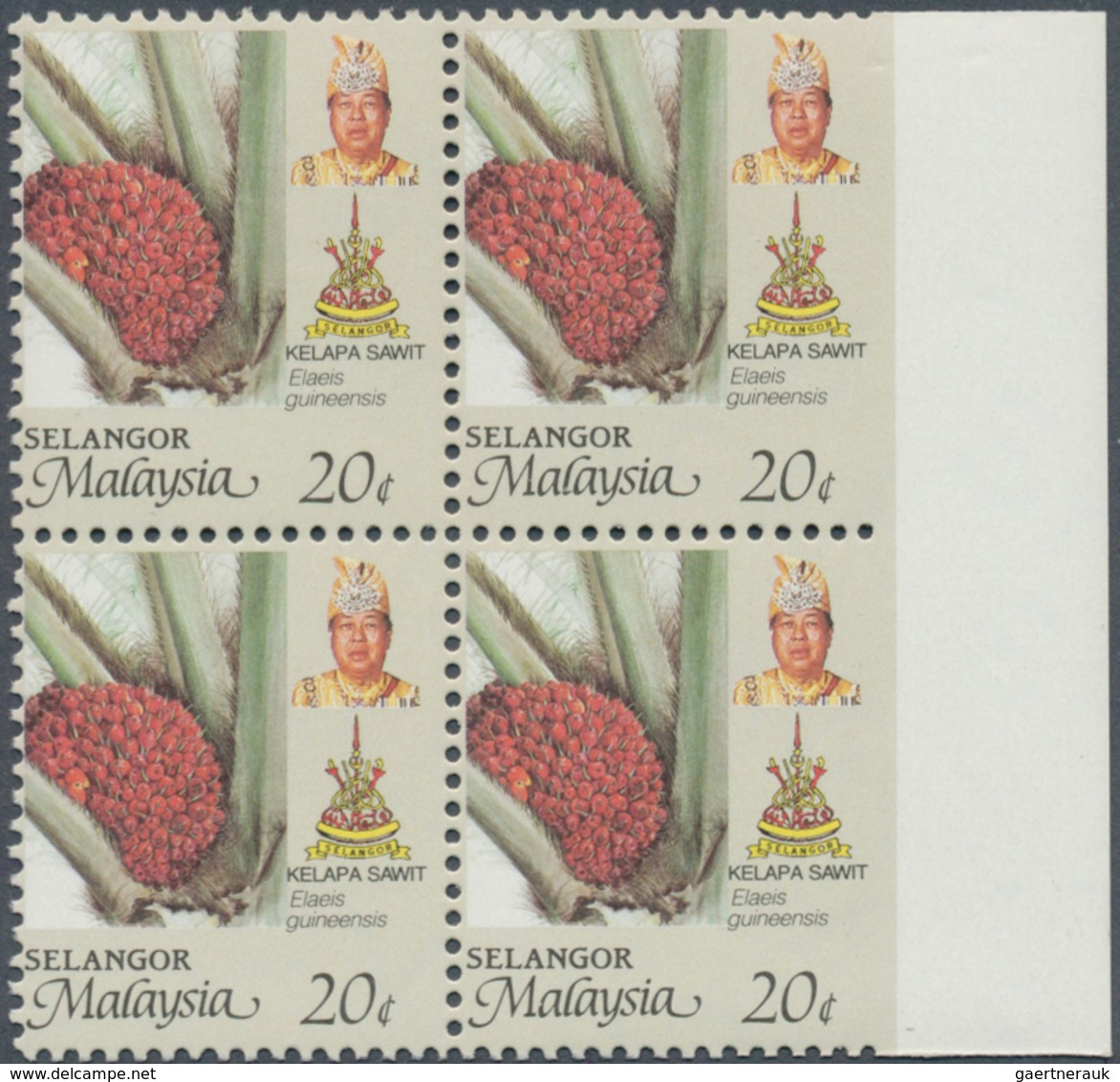 07404 Malaiische Staaten - Selangor: 1986, Definitives "Agricultural Products", 20c. Right Marginal Block - Selangor