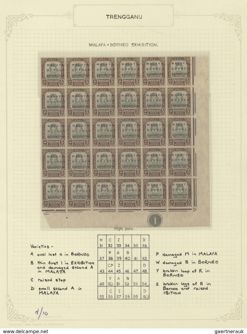 07429 Malaiische Staaten - Trengganu: 1922, Malaya-Borneo Exhibition, 5c. Grey/brown, Marginal Block Of 30 - Trengganu