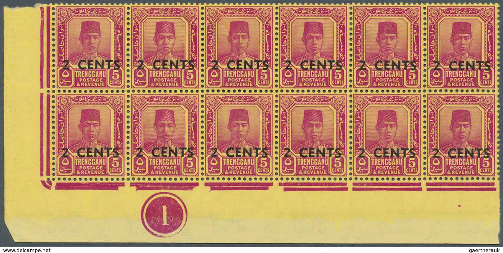07439 Malaiische Staaten - Trengganu: 1941, Sultan Suleiman Surcharges 2c. On 5c. Purple On Yellow And 8c. - Trengganu