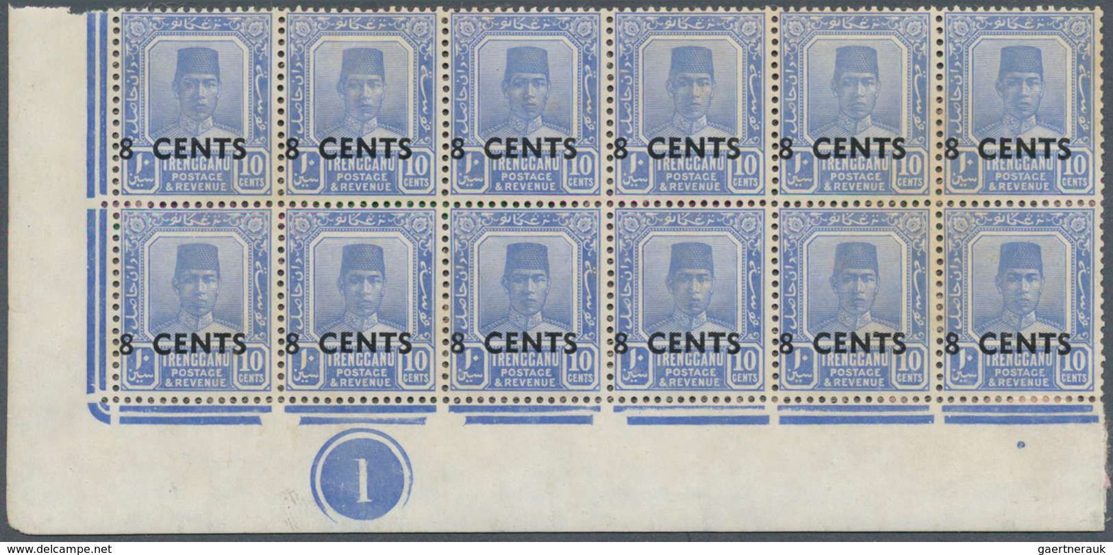 07439 Malaiische Staaten - Trengganu: 1941, Sultan Suleiman Surcharges 2c. On 5c. Purple On Yellow And 8c. - Trengganu