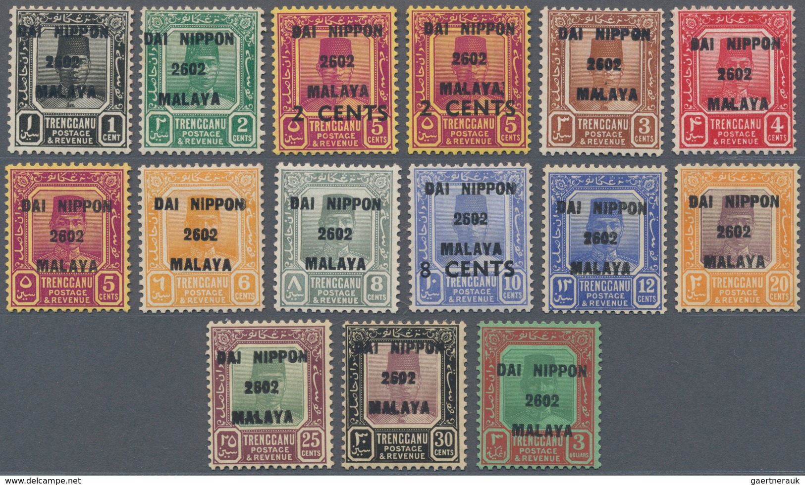 07452 Malaiische Staaten - Trengganu: Japanese Occupation, 1942, Dai Nippon / 2602 / Malaya Ovpt. Set, 1 C - Trengganu