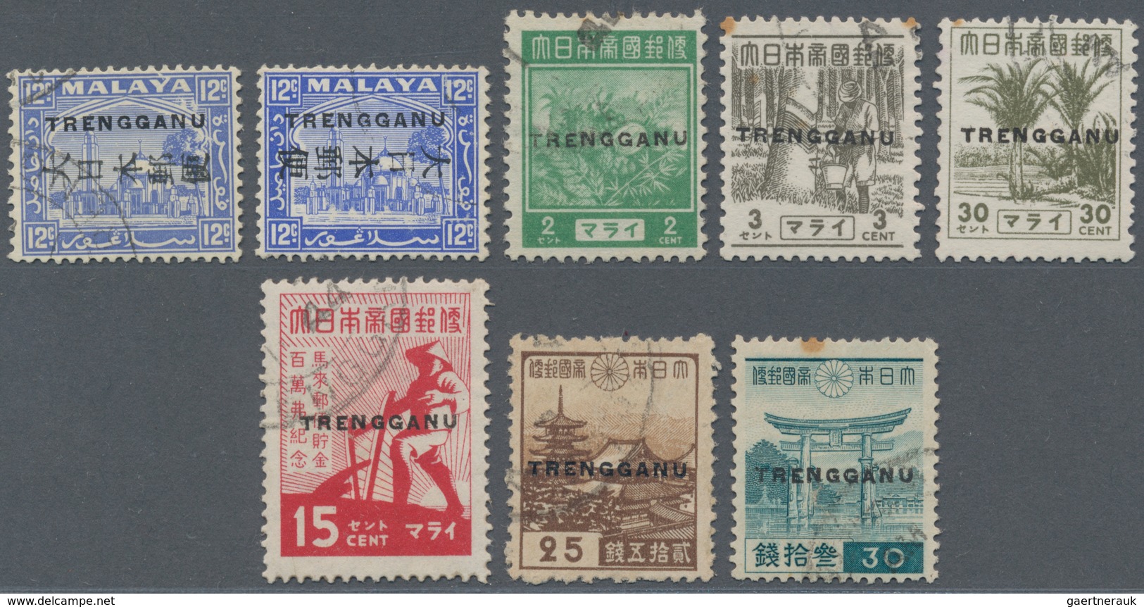 07465 Malaiische Staaten - Trengganu: Thai Occupation, 1944 Overprinted Issues (used X7, Mint X1) Inc. SG - Trengganu