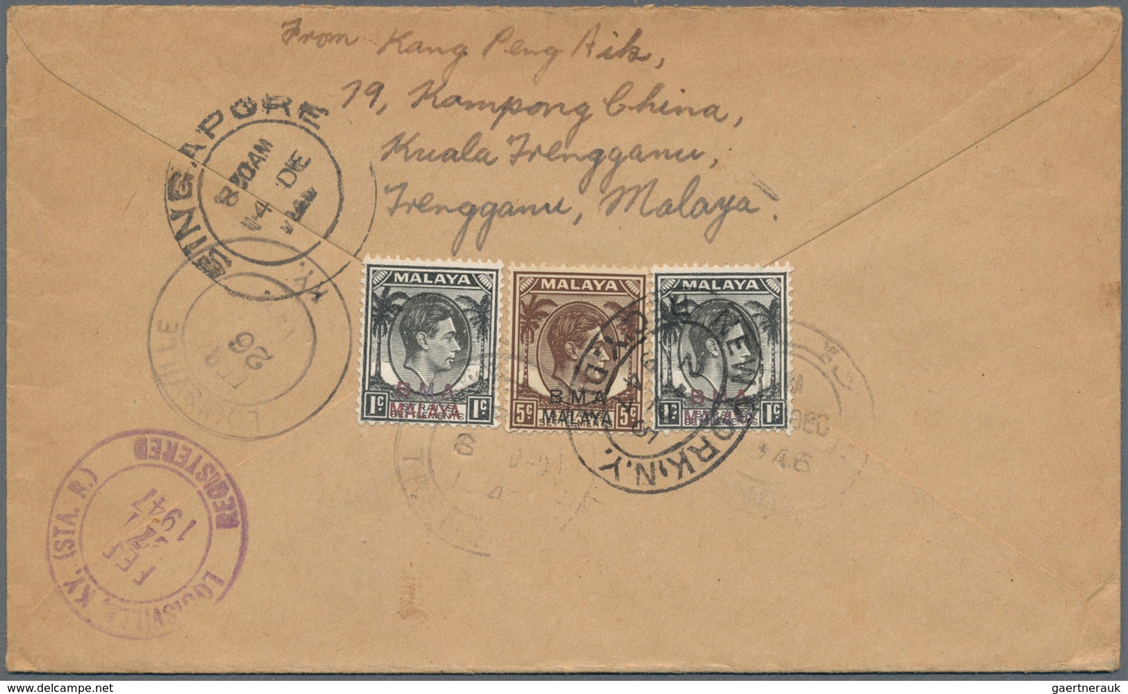 07469 Malaiische Staaten - Trengganu: 1946 KUALA TRENGGANU Registration Label On Cover To Louisville, Kent - Trengganu