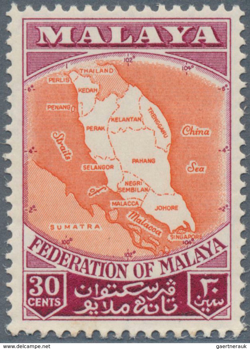 07480 Malaiischer Bund: 1957, Map Of The Federation 30c. With Strong OFFSET Of Lake Colour, MNH And Attrac - Federation Of Malaya